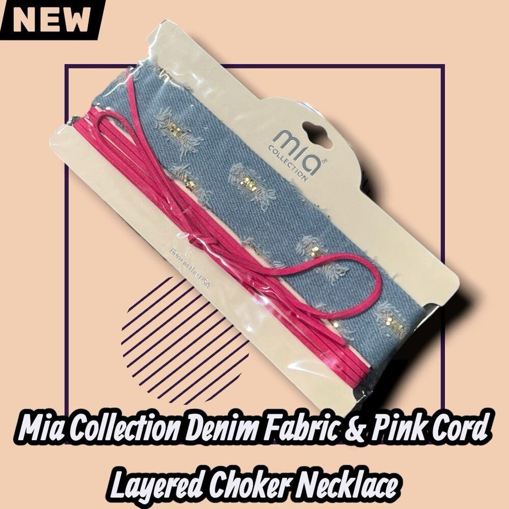 New Mia Collection Denim Fabric & Pink Cord Layered Choker Necklace Gold Tone Ad - Picture 2 of 3